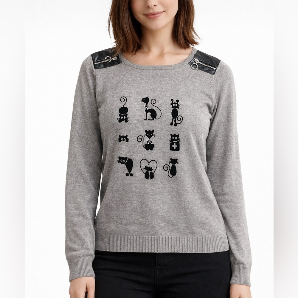 Taupe Sweater with Black Cat Design